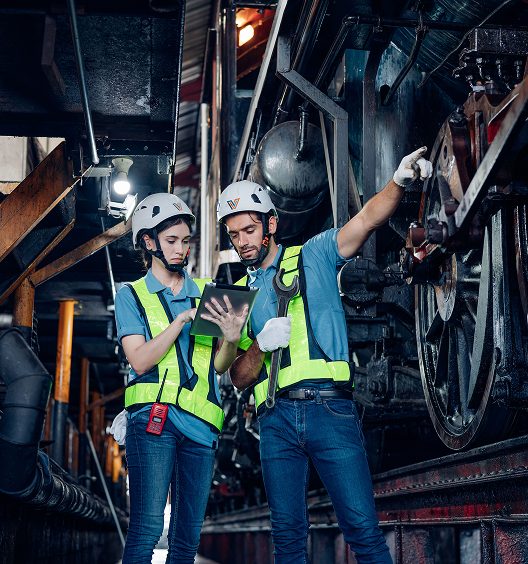 Trabajadores con casco y chaleco reflectante revisando maquinaria industrial