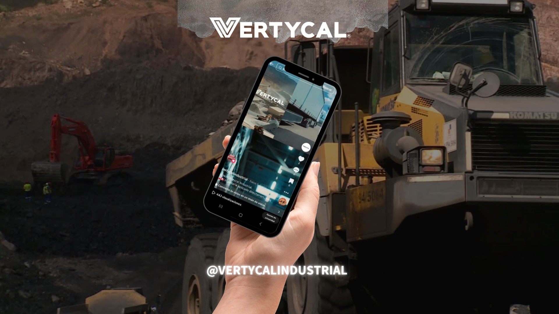 Celular mostrando el perfil de TikTok de Vertycal en faena minera