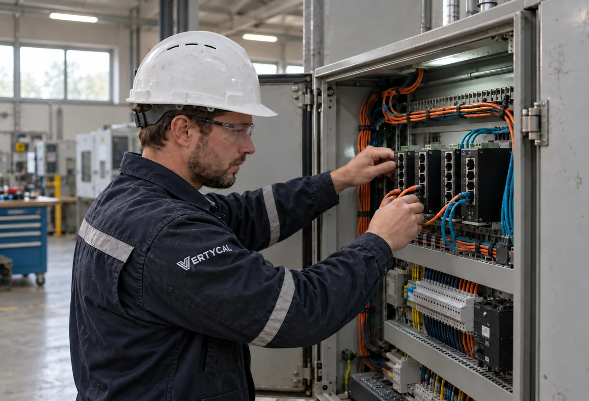 Técnico de Vertycal configurando switches industriales en un gabinete de planta
